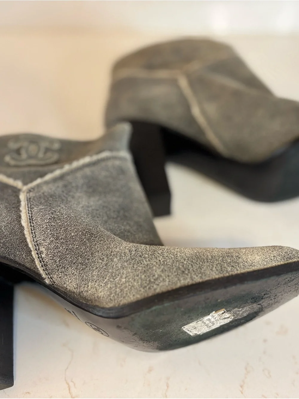 CHANEL Gray Suede Shearling Trim Ankle Booties